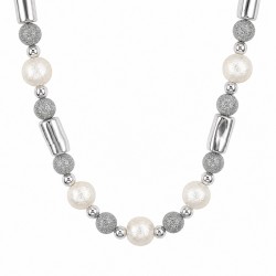 Ivory Pearl Necklace with Grey Glitter Beads & Silver Tubes