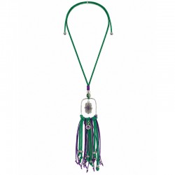Necklace with Silver Frame, Purple Enamel & Green Tassels