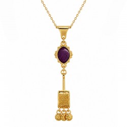 Necklace with Metal Pendant, Purple Enamel & Gold Pendant