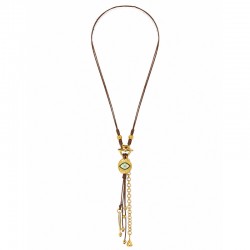 Necklace with T-Bar Clasp, Metal Eye & Enamel on Brown Cord