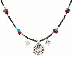 Necklace with Silver Moon Pendant, Star Charms & Black Beads