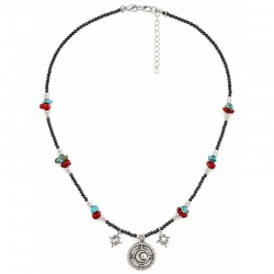 Necklace with Silver Moon Pendant, Star Charms & Black Beads