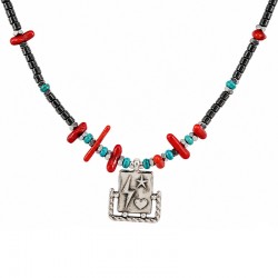 Necklace with Silver Lightning Pendant & Red Turquoise Chips