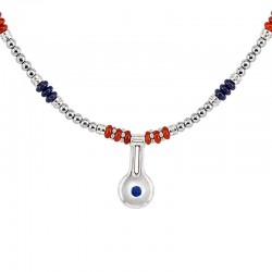 Necklace with Silver Beads, Blue Enamel & Red Spacers