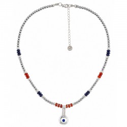 Necklace with Silver Beads, Blue Enamel & Red Spacers