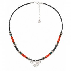 Necklace with Black Beads, Red Tubes & Silver Discs
