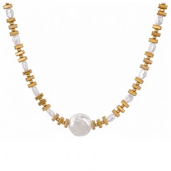 Necklace with White Flat Pearl Bead & Gold Bars