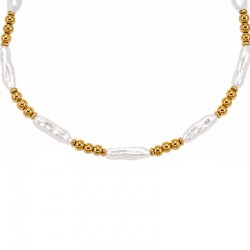 Necklace with White Baroque Pearl Tubes & Gold Beads