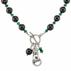 Necklace with T-Bar Clasp, Silver Hand, Black & Green Beads
