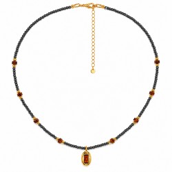 Necklace with Gold Pendant, Brown Enamel & Black Beads