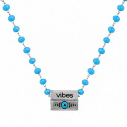 Κολιέ με Ασημί Κρεμαστή Ταυτότητα "vibes" με Γαλάζιο Σμάλτο