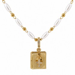 Necklace with a Hanging Book that Opens with Cross & Pearls