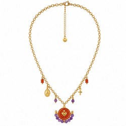 Gold Heart Necklace with Clear Red Enamel & Purple Pearls