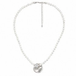 Necklace with Round White Pearls & Hammered Silver Pendant