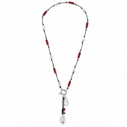 Necklace with Red Tubes, Silver Drop & Toggle Clasp