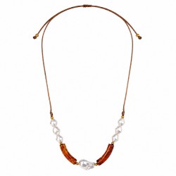 Necklace with Baroque Pearls & Amber Tubes on Brown Cord