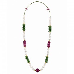 Necklace with Green & Fuchsia Chip Beads on Olive Cord