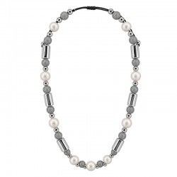 Ivory Pearl Necklace with Grey Glitter Beads & Silver Tubes
