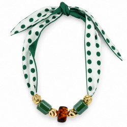 Necklace with Polka Dot Scarf & Green, Brown, Gold Beads