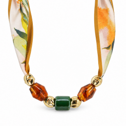 Collier avec Foulard. Cube Vert et Perles Facettées Marron