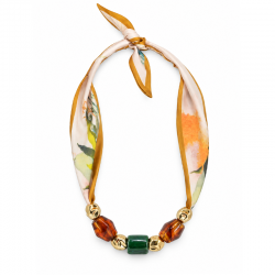 Collier avec Foulard. Cube Vert et Perles Facettées Marron