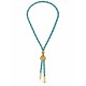 Collana con Cordoncino Intrecciato Verde Acqua, Moneta Dorata e Distanziatore in Corallo