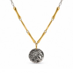 Collar con barras doradas y colgante de moneda de plata en relieve