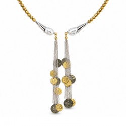Collar con Hematita Dorada, Borlas de Cadena y Dije de Moneda