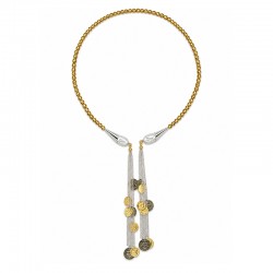 Collar con Hematita Dorada, Borlas de Cadena y Dije de Moneda