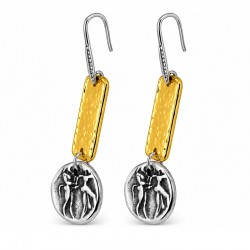 Earrings with Hammered Gold Bar & Textured Silver Bee Charm