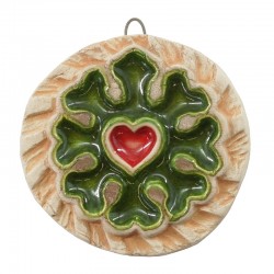 Enameled Ceramic Pendant Round with Flower Heart 58mm