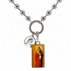 Collana con Ciondolo in Argento Raffigurante la Madonna, Smalto e Perline