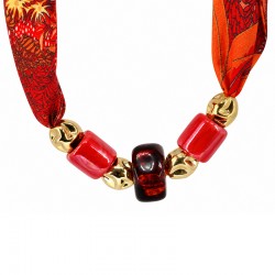 Necklace with Red Scarf with Brown & Gold Beads