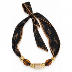 Collana con Sciarpa, Cubo Beige e Perline Sfaccettate Marroni