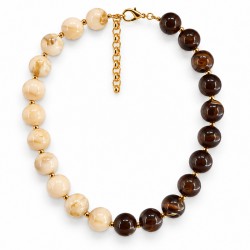 Collar Con Cuentas De Color Beige-Marrón Y Cuentas Doradas