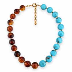 Collier avec Perles Marron-Turquoise et Perles Dorées