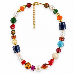 Collar con cuentas asimétricas multicolores y puntas doradas
