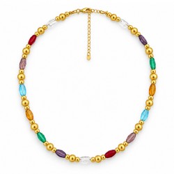 Collier avec Cristaux Ovales Multicolores et Perles Rondes Dorées