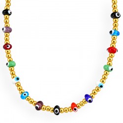 Collana con Perline Multicolori a Forma di Occhio del Male e Perline Rotonde Dorate