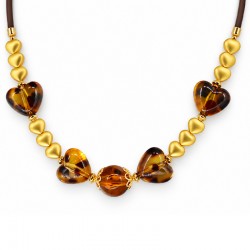 Collana con Perline Scorrevoli a Forma di Cuore Marroni e Dorate
