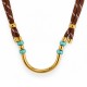 Collier avec Tube Doré et Entretoises Turquoise sur Cordon Marron