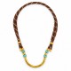 Collar con Tubo Dorado y Separadores de Turquesa en Cordón Marrón