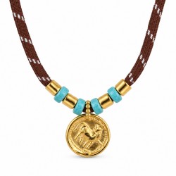 Necklace with Gold Coin & Turquoise Spacers on Brown Cord