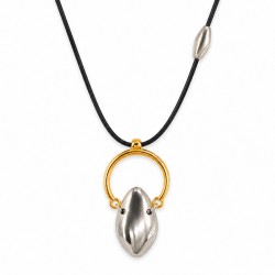 Collar Con Semicírculo Dorado Y Colgante En Forma De Gota De Plata En Cordón Negro