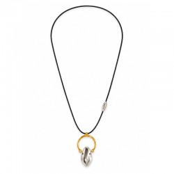 Collar Con Semicírculo Dorado Y Colgante En Forma De Gota De Plata En Cordón Negro