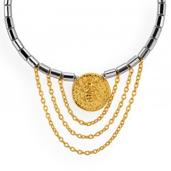 Collier avec Hématite et Pièce en Forme d’Abeille Dorée avec Maillons Drapés
