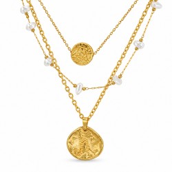 Collier avec Perles Blanches et Chaînes en Forme de Pièces d’Or