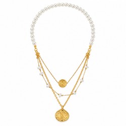 Collier avec Perles Blanches et Chaînes en Forme de Pièces d’Or