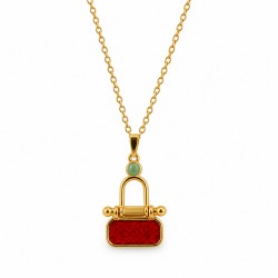 Collier avec cadenas doré et émail rouge-vert