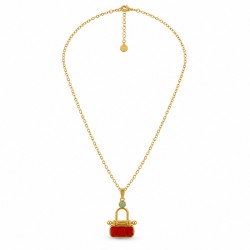 Collar con Candado Dorado y Esmalte Rojo y Verde